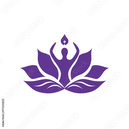 Stylized purple lotus flower logo with meditating figure and glowing light, symbolizing spiritual well-being, yoga, and inner peace.