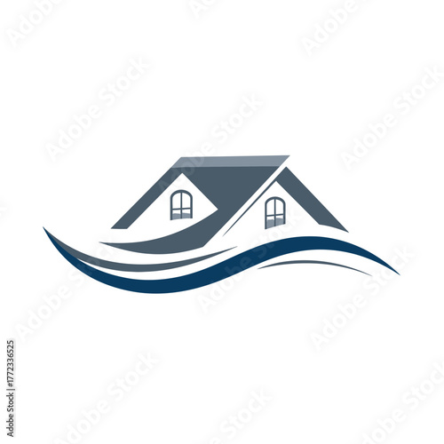 Modern graphic logo design of a residential house with a dark roof and flowing blue wave element, representing home, property, and real estate services.