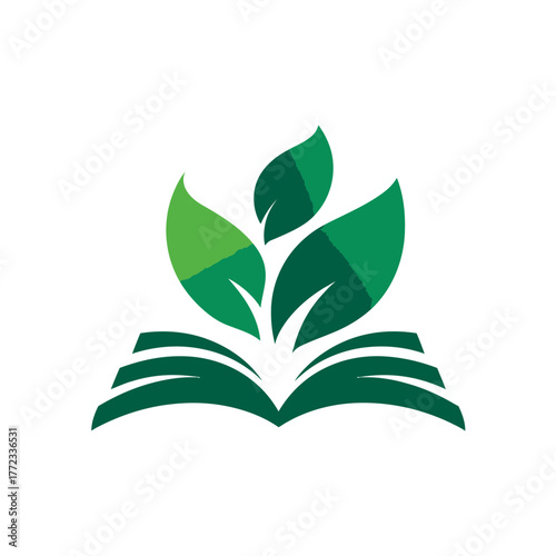 Open book with vibrant green leaves growing, symbolizing nature, knowledge, education, learning, and environmental awareness. Vector illustration.