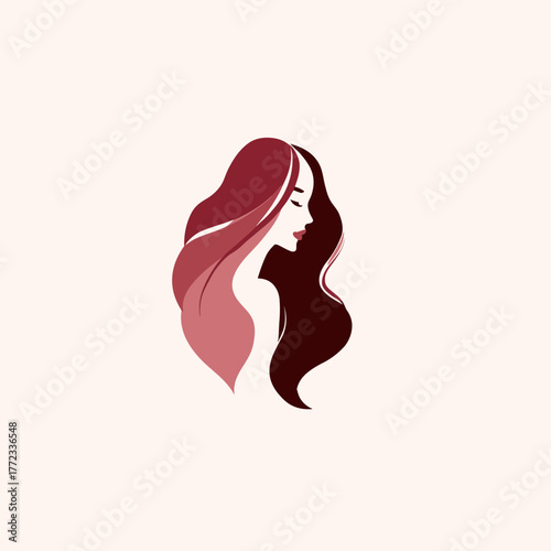 Elegant woman profile illustration with long flowing red hair, beauty and fashion concept, stylized minimalist design.