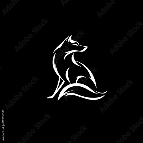 White outline minimalist fox sitting on black background. Elegant and modern digital vector illustration of a wild animal.