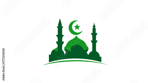 Green mosque silhouette vector icon with crescent moon and star, Islamic religious building graphic symbol, Muslim prayer house logo design element