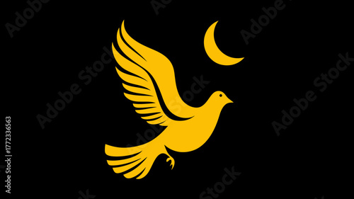 Stylized golden dove flying gracefully with a subtle crescent moon against a stark black background, symbolizing peace and hope.
