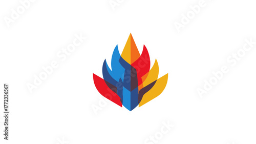 Abstract colorful flame symbol illustration. Modern flat design fire icon with vibrant overlapping elements in red, blue, and yellow.