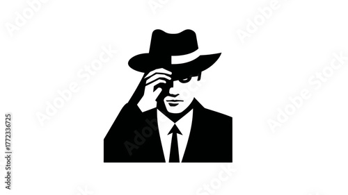 Mysterious man in classic fedora hat tipping his brim, elegant gentleman silhouette illustration, vintage style, secret agent character