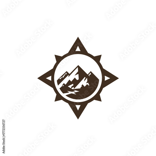 Adventure compass rose with stylized mountains and river vector icon. Outdoor exploration symbol for travel, nature, and hiking.