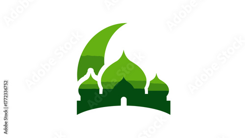 Elegant green mosque silhouette icon with crescent moon. Islamic symbol of worship, spirituality, and culture. Muslim temple graphic.