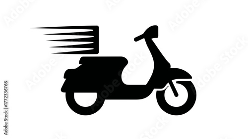 Black silhouette of a fast scooter delivery icon with speed lines, symbolizing express shipping and quick transport service.