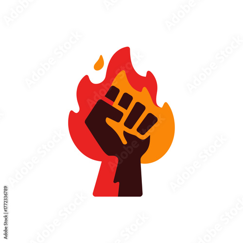 Powerful Raised Fist with Flames Icon Symbolizing Protest, Revolution, Strength, and Passion Vector Graphic