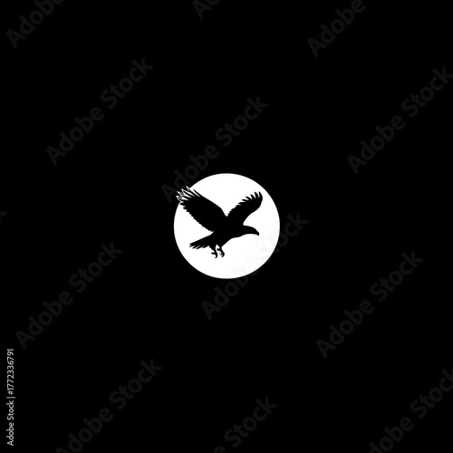 Majestic flying eagle silhouette in a white circle, minimalist black and white avian symbol, powerful bird of prey icon design.