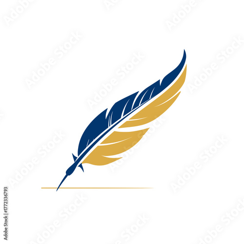 Elegant blue and gold quill pen illustration, classic writing instrument, historical literature symbol, graphic design element