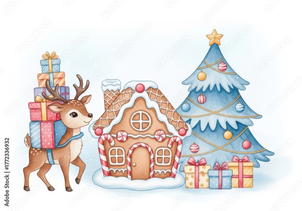 Fototapeta premium Cute reindeer carrying stack of presents next to a gingerbread house and a decorated christmas tree, isolated on white background
