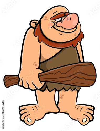 A Funny cartoon of Caveman wearing primitive tunic and carrying a giant club. Best for sticker, logo, and mascot with prehistoric theme for kids