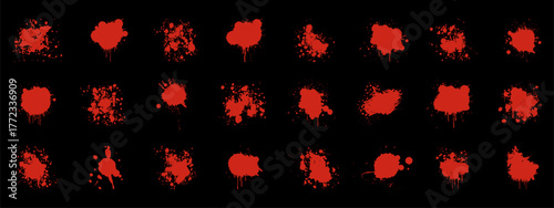 Blood splatter texture set. Realistic red stains, drops, and smears for horror or crime design.