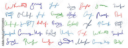 Set of vector handwritten fake signatures. Fictitious multicolored ink autographs for document and contract.