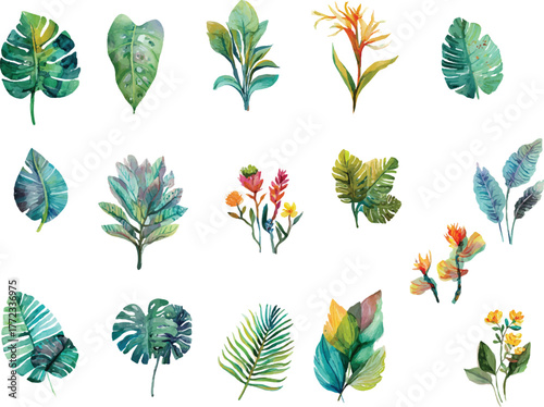 set of leaves and flowers