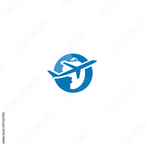 Blue airplane icon flying around a stylized Earth globe, symbolizing global travel, international transport, and aviation logistics