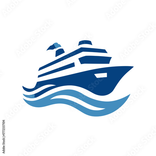 Blue cruise ship sailing on ocean waves, a clean vector icon representing luxury travel, vacation, and sea adventures
