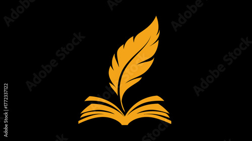 Golden Quill Feather Pen Rising from an Open Book Illustration on Black Background, Symbolizing Education, Knowledge, and Writing