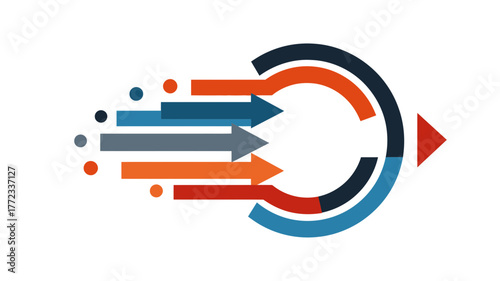 Dynamic business process flow graphic with merging arrows indicating integration, evolution, workflow, and continuous progression.
