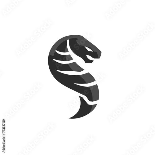 Stylized dark gray snake head vector icon or logo design element, abstract modern minimalist serpent symbol.