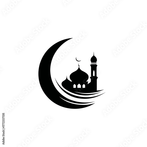 Black mosque silhouette with crescent moon icon. Islamic religious building symbol for worship, prayer, and Muslim culture. Vector graphic.