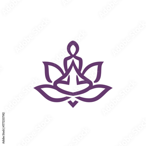 Minimalist purple icon of a person meditating in lotus position on a lotus flower, symbolizing peace, tranquility, yoga, and mindfulness.