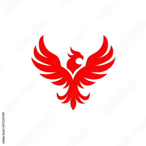 Stylized red bird with spread wings, a powerful abstract silhouette resembling a phoenix or eagle, symbolizing strength, freedom, and triumph.