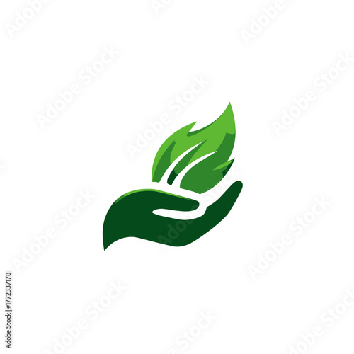 Abstract green hand holding fresh leaves, representing nature conservation, organic growth, and environmental protection.