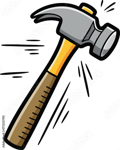 Cartoon Hammer Flying Fast With Motion Lines And Impact Sparks Isolated On White Background