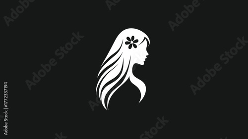 Elegant woman profile silhouette with long flowing hair and flower. Abstract beauty portrait on dark background. Feminine grace.