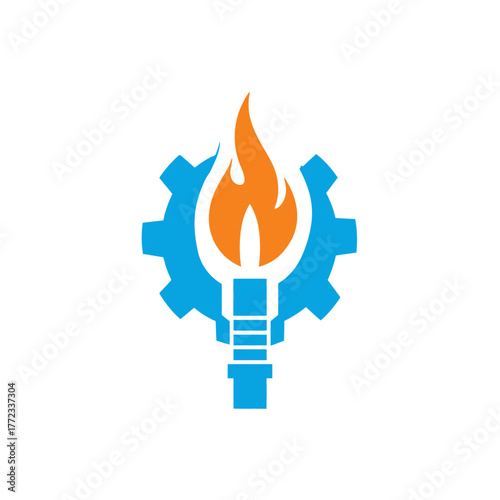 Modern industrial gear icon with a burning flame. Energy, engineering, gas, power, and mechanical industry vector graphic.