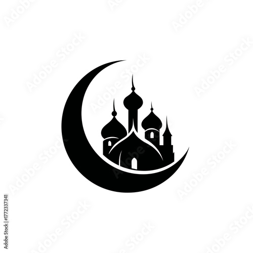 Black silhouette of an ornate Islamic mosque with domes and minarets against a crescent moon, representing religious worship and culture.