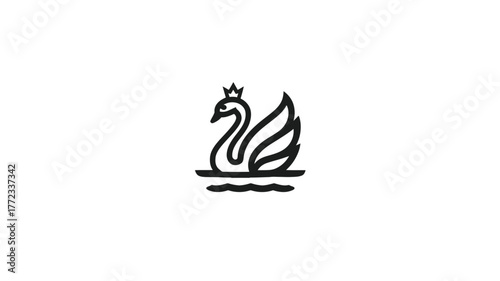 Majestic crowned swan icon, elegant minimalist line art illustration, royal bird graphic element, simple vector design