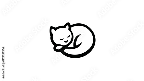 Minimalist sleeping cat illustration. Simple black outline of a curled-up kitten icon, tranquil pet vector graphic for peace and comfort.
