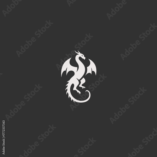Stylized white dragon silhouette icon on dark background, mythical fantasy creature graphic design element