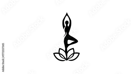 Yoga woman in tree pose on lotus flower, symbolizing balance, wellness, meditation, and inner peace in a minimalist design.