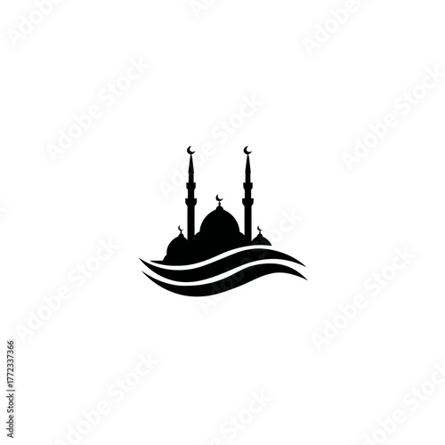 Islamic mosque silhouette vector icon with minarets and abstract wave design, religious building symbol, black on white graphic element.