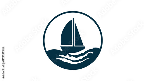 Minimalist sailboat icon on water with waves in a circular frame, symbolizing marine travel, adventure, and nautical leisure.