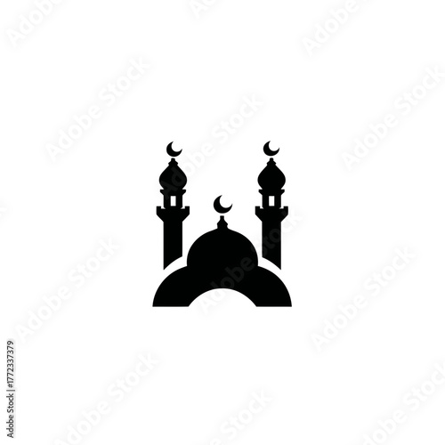 Black mosque silhouette icon with central dome and two minarets, featuring crescent moon symbols, Islamic worship building vector graphic.