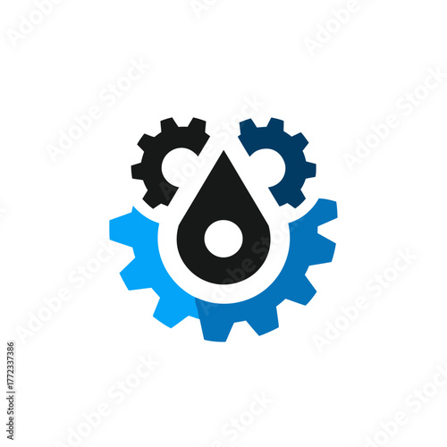 Abstract gear and oil drop icon. Mechanical engineering, industrial maintenance, lubrication system, or automotive service symbol.