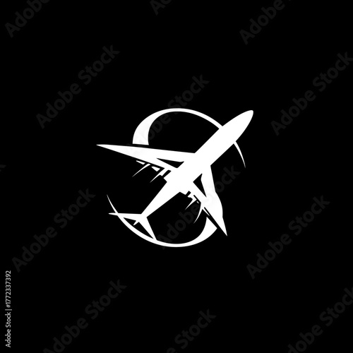 Modern white airplane silhouette icon flying over an abstract circular design on a dark background. Global travel and aviation concept.