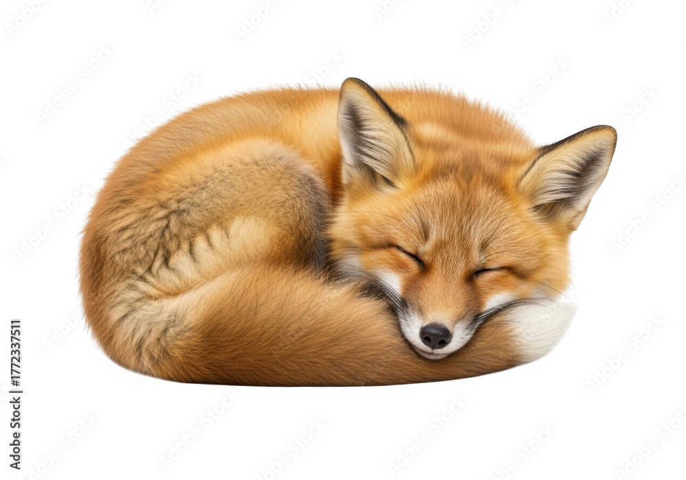 Fototapeta premium Sleeping red fox curled up cute animal wildlife mammal forest predator isolated image stock photo png clipart vector graphic isolated on transparent background