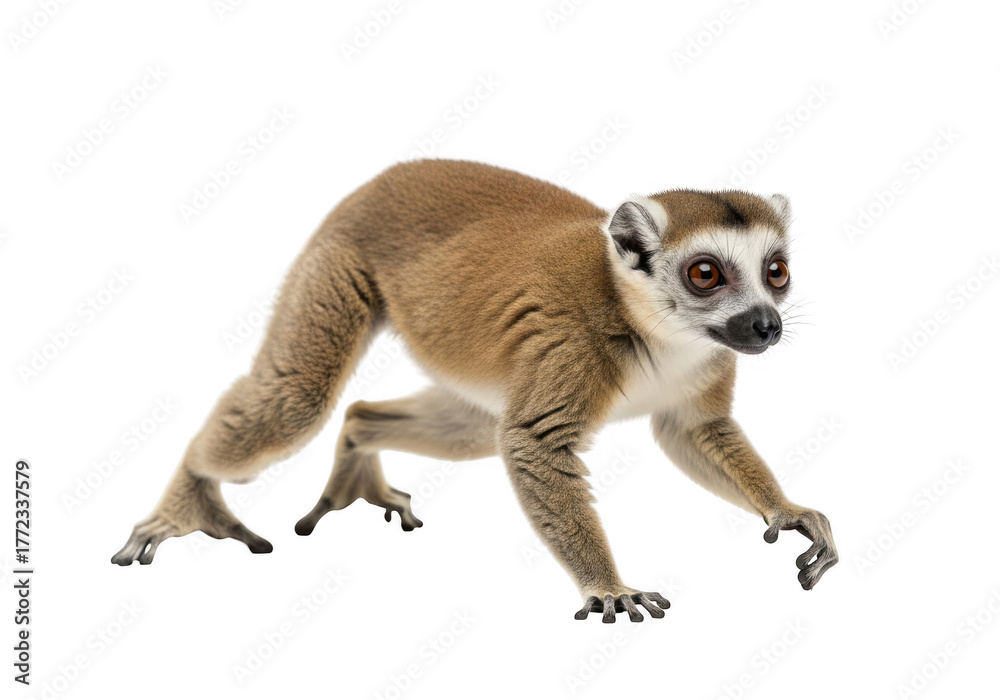 Obraz premium Captive brown lemur (eulemur fulvus) walking, wildlife mammal photography, primate, madagascar native, animal stock photo, isolated on transparent background