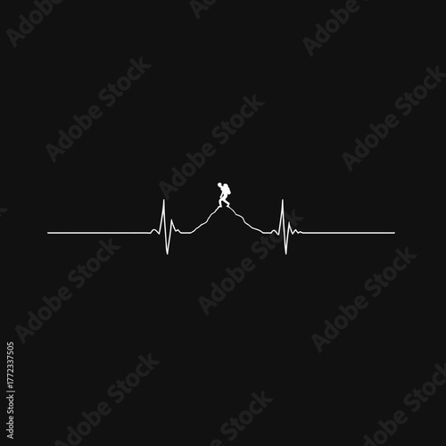 Minimalist heartbeat line with a mountain peak and hiker silhouette on a black background, symbolizing passion for outdoor adventure and climbing