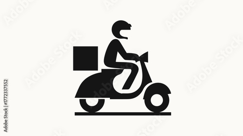 Motorcycle delivery person icon. Graphic symbol of a scooter rider with a package, representing fast courier and food delivery service.