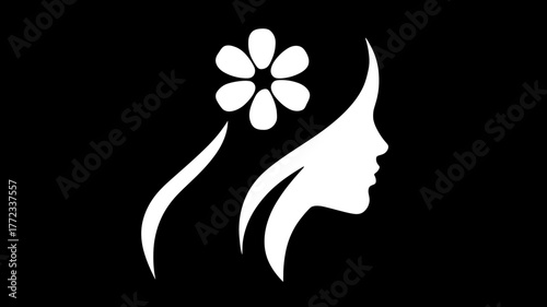 Elegant woman profile silhouette with flower in her flowing hair, clean black and white graphic, feminine beauty and nature concept.