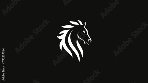 Stylized white horse head silhouette with flowing mane on a black background, powerful equine graphic logo design element.