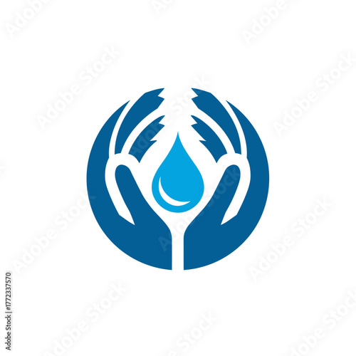 Hands cupping a blue water droplet in a circular graphic, symbolizing water conservation, purity, care, and ecological protection.