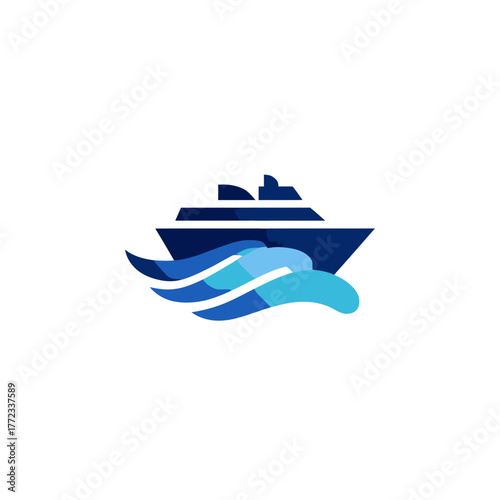 Stylized blue cruise ship sailing on ocean waves vector icon. Marine travel, sea voyage, and holiday trip symbol.